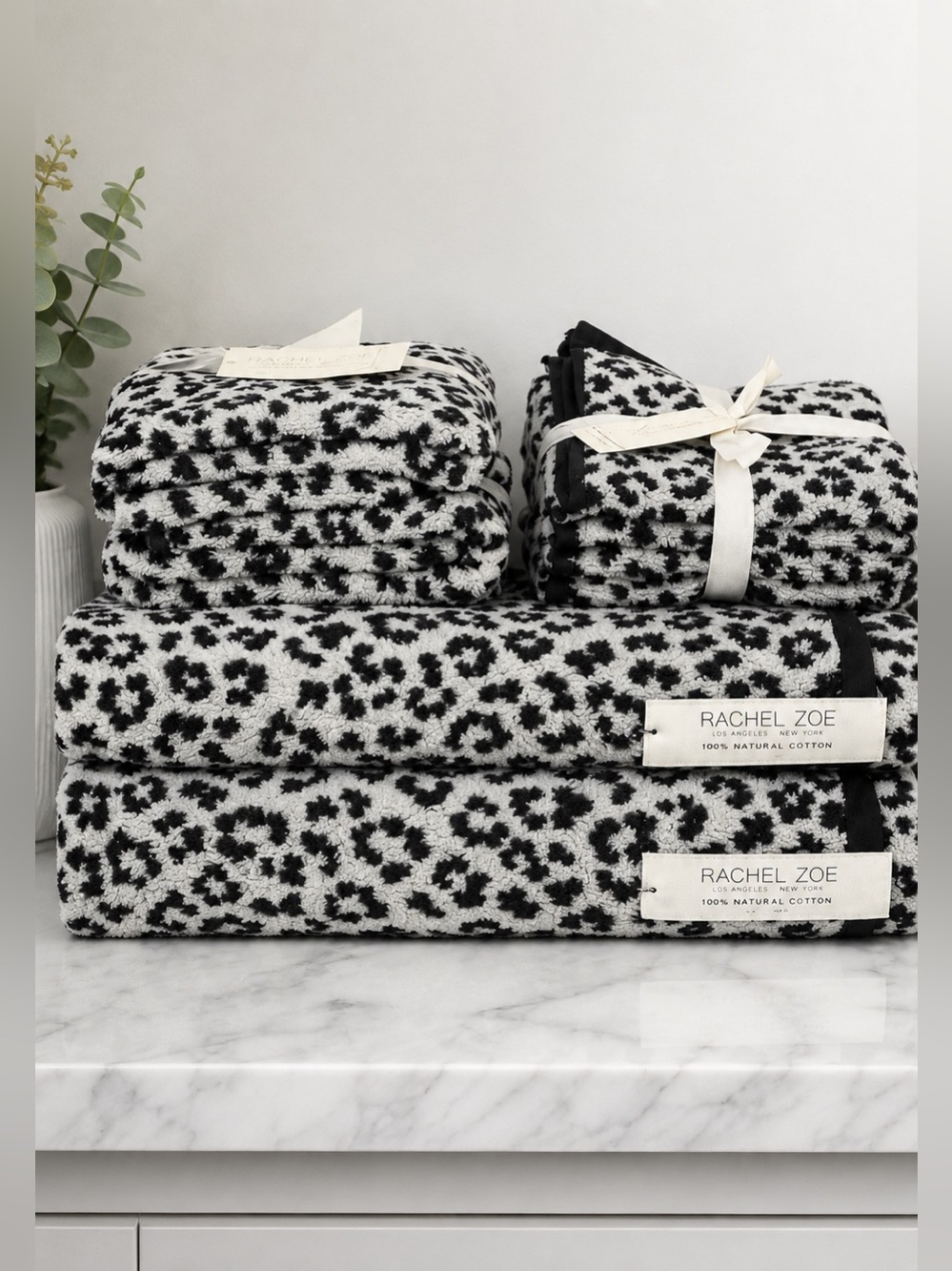 Rachel Zoe Black & White Leopard Print 8-Piece Cotton Towel Set Reversible NWT